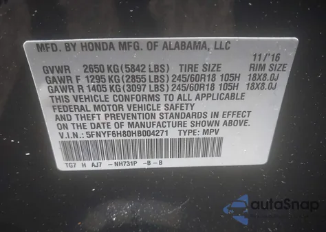 2017 Honda Pilot Ex-L from USA, damaged, VIN 5FNYF6H80HB004271